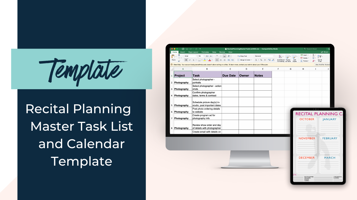 Recital planning master task list and calendar template